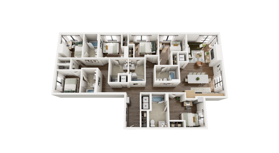 A 3D rendering of The Pendry, a 6x6 apartment at Rambler Ann Arbor.
