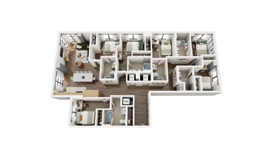A 3D rendering of The Zaza, a 6x6 apartment at Rambler Ann Arbor.