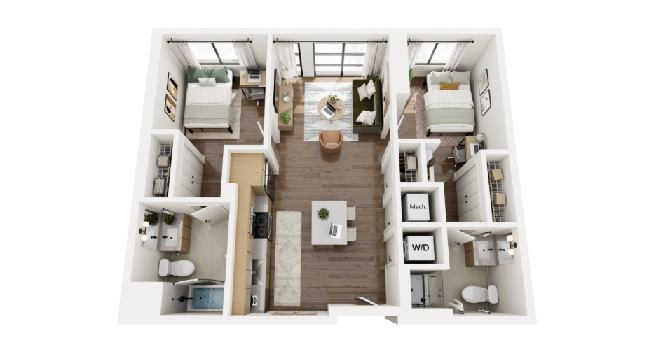 A 3D rendering of The Cecilia, a 2x2 apartment at Rambler Ann Arbor.