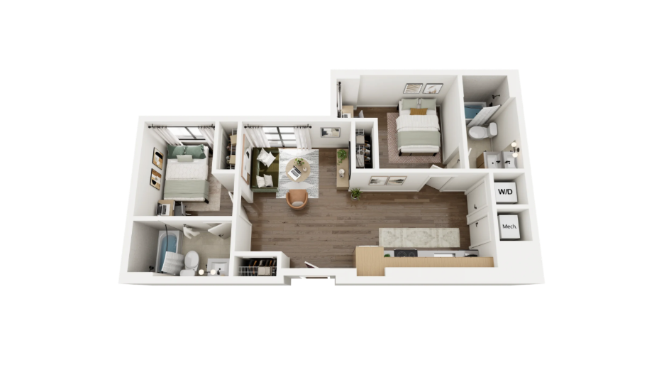 A 3D rendering of The Crescent, a 2x2 apartment at Rambler Ann Arbor.
