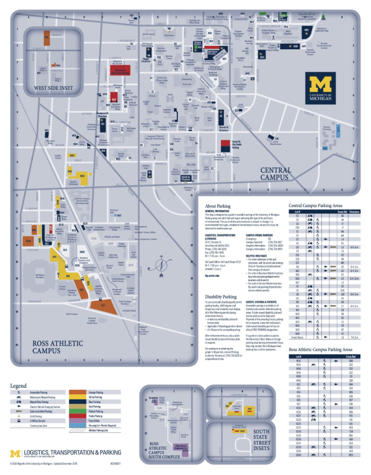 Map of the Central and Ross Athletic Campus parking at UMich in Ann Arbor.