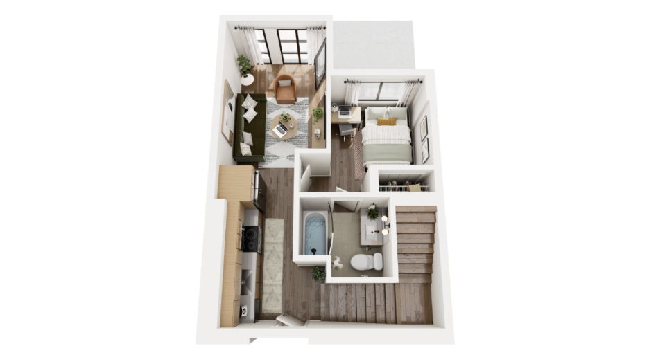 A 3D rendering of floor one in The Henry, a 2x2 townhouse at Rambler Ann Arbor.