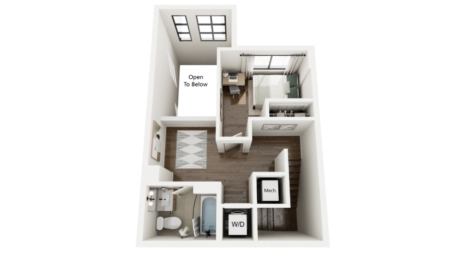 A 3D rendering of floor two in The Henry, a 2x2 townhouse at Rambler Ann Arbor.