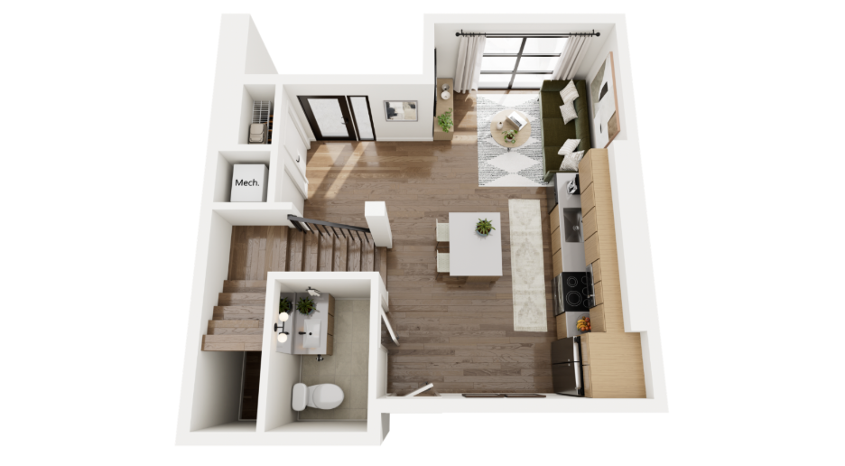 A 3D rendering of floor 1 in The Waldorf, a 2x2 townhouse at Rambler Ann Arbor.