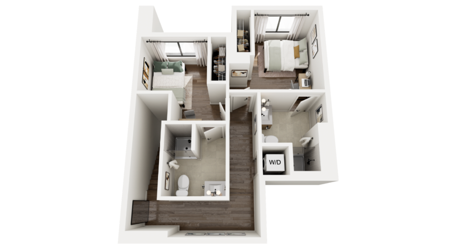 A 3D rendering of floor 2 in The Waldorf, a 2x2 townhouse at Rambler Ann Arbor.