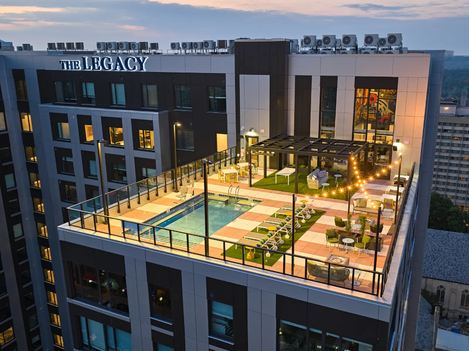 Exterior of The Legacy at Ann Arbor apartments near Central Campus.