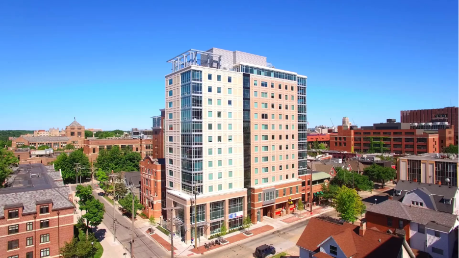  Exterior view of Sterling Arbor BLU student apartments near the University of Michigan.
