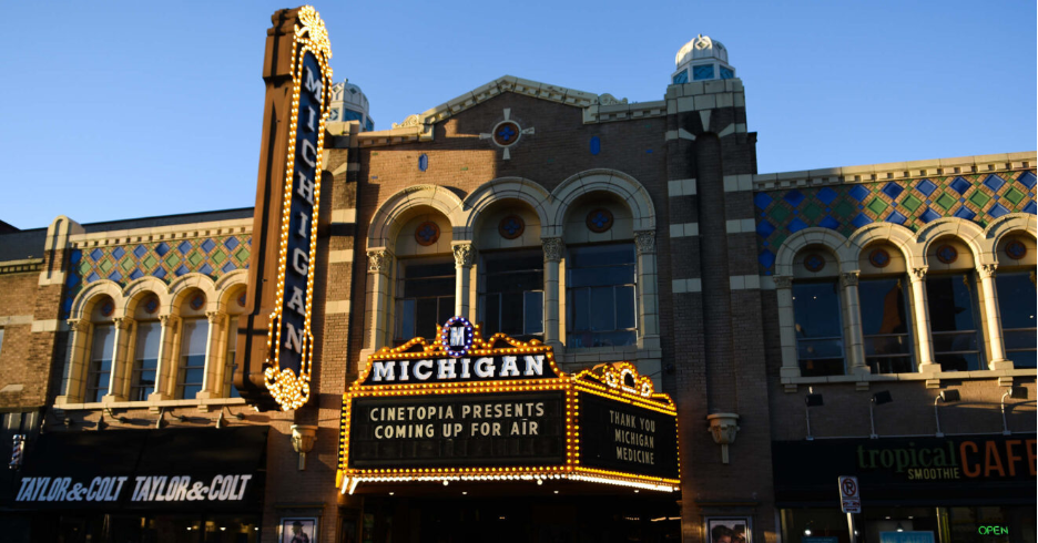 The historic Michigan Theater marquee in downtown Ann Arbor near Central Campus.