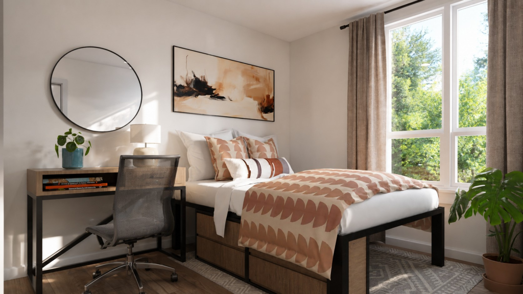 A representative rendering of a bedroom at one of Rambler's properties, The Jay.