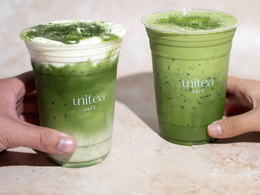 Two matcha lattes from unitea café, a Vietnamese coffee and tea shop near UMich. 