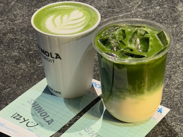 Two matcha lattes at sml wrld cafe in Ann Arbor, located inside Shinola.  