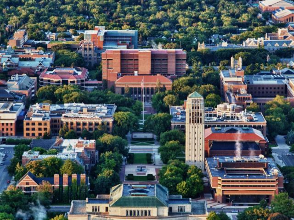 Central Campus at the University of Michigan, including the Diag and many academic buildings.
