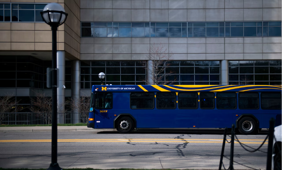 A Blue Bus at the University of Michigan traveling between Central and North Campus.