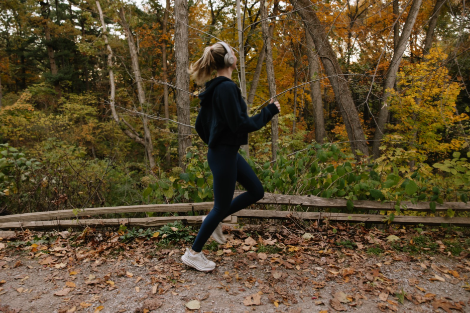 A UMich student running in the Arb, near Central Campus in Ann Arbor. 