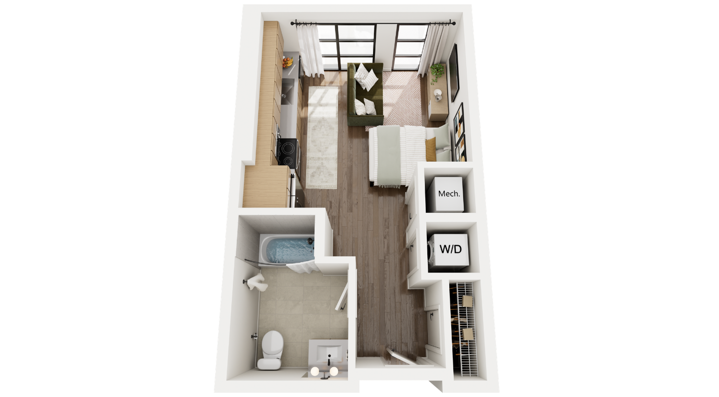 3D floor plan of a studio apartment Ann Arbor, featuring an open bedroom and living area, kitchen along one wall, bathroom, washer/dryer, mechanical room, and large windows at the end of the living space.