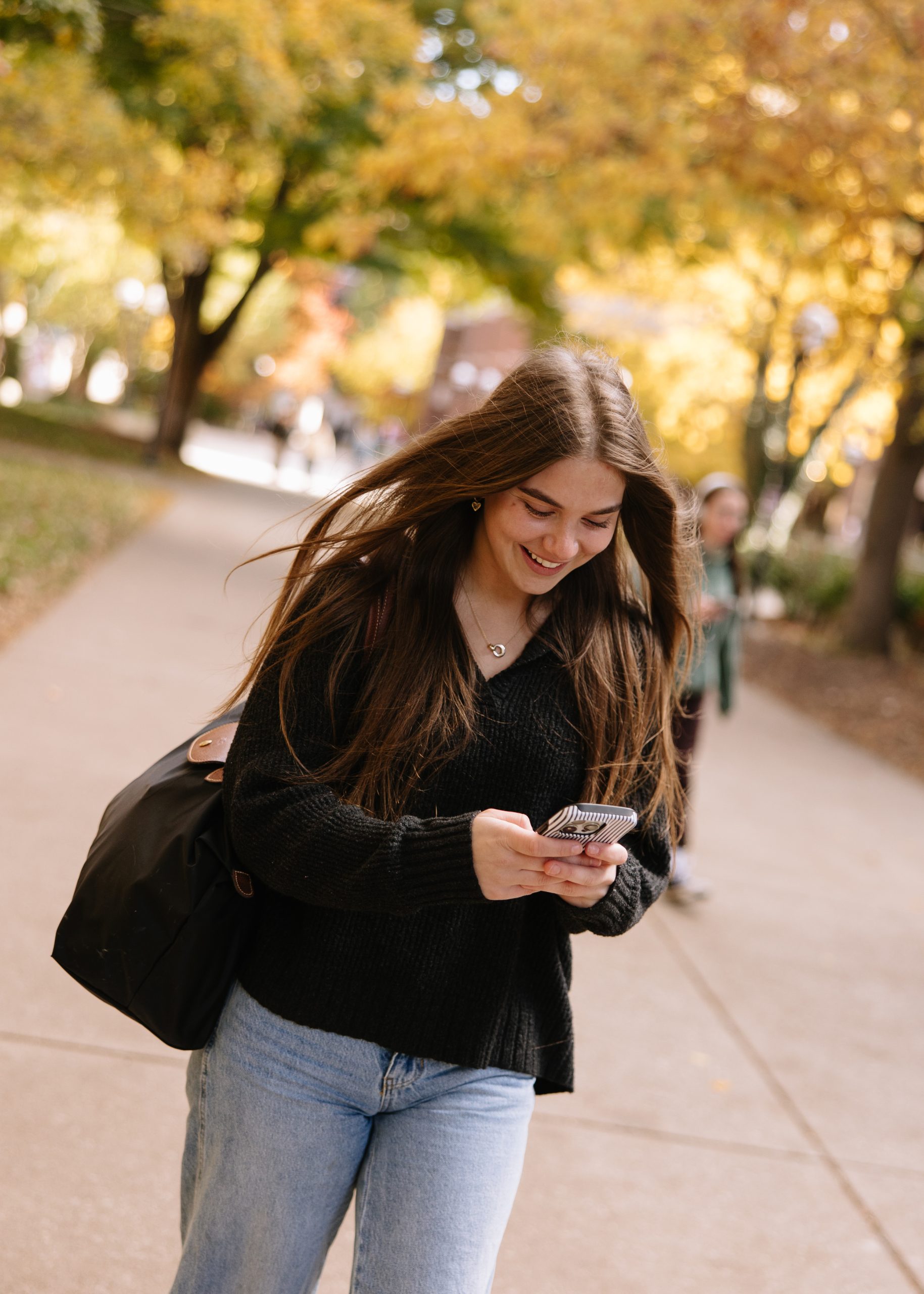 Tree-lined campus walkway in fall with yellow leaves overhead