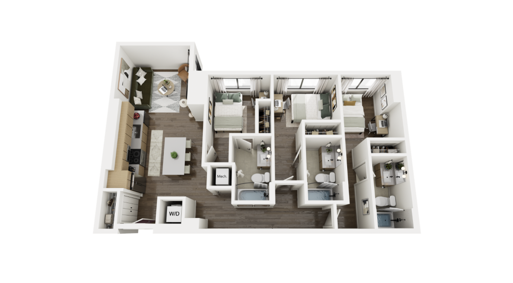 A 3D rendering of The Drake, a 3x3 apartment at Rambler Ann Arbor